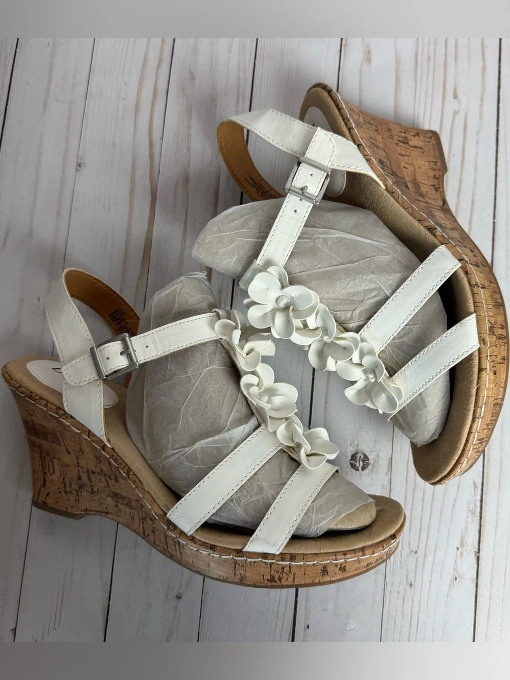 B.O.C. White Flower Vegan Leather Cork Wedges Open Toe Slingback Sandals